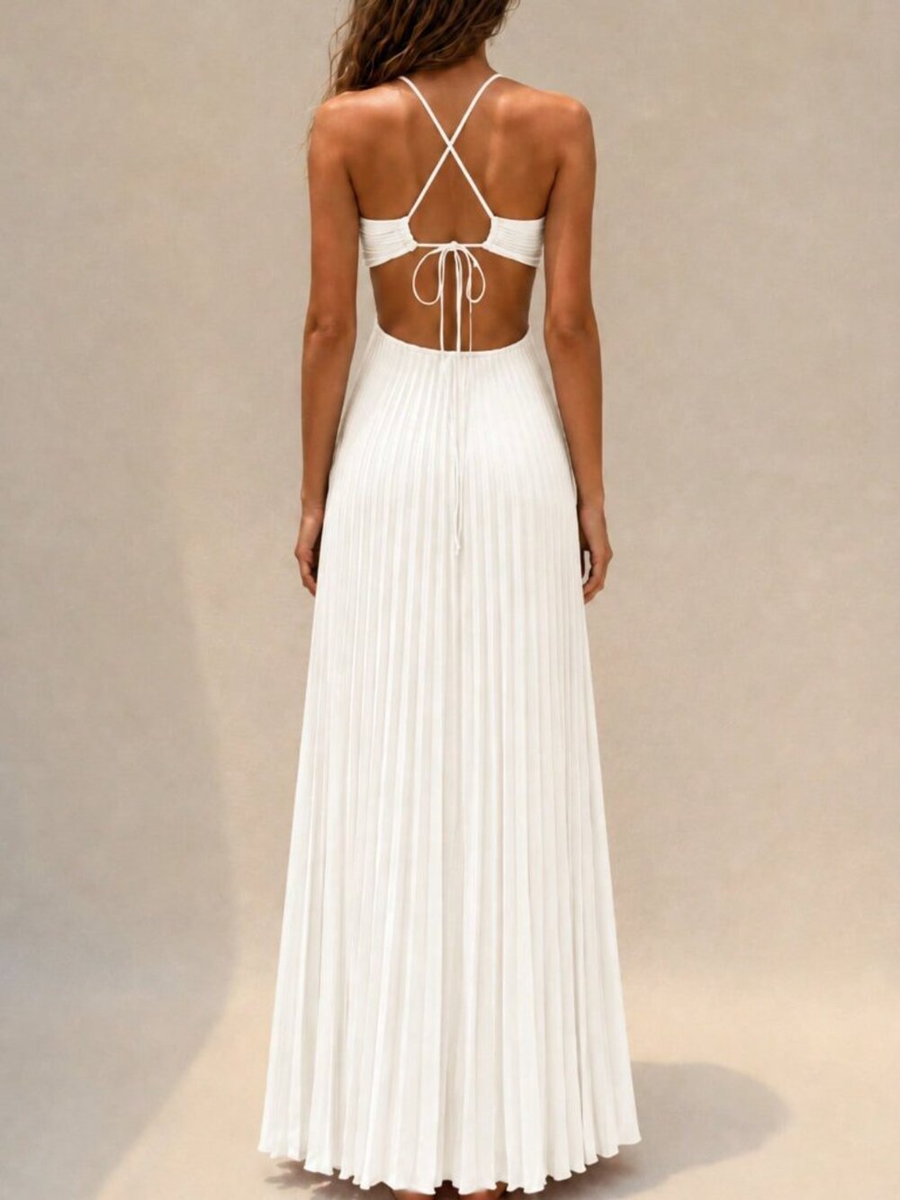 White Elegant Women's Pleated Cami Maxi Dress - Picture 2 of 4
